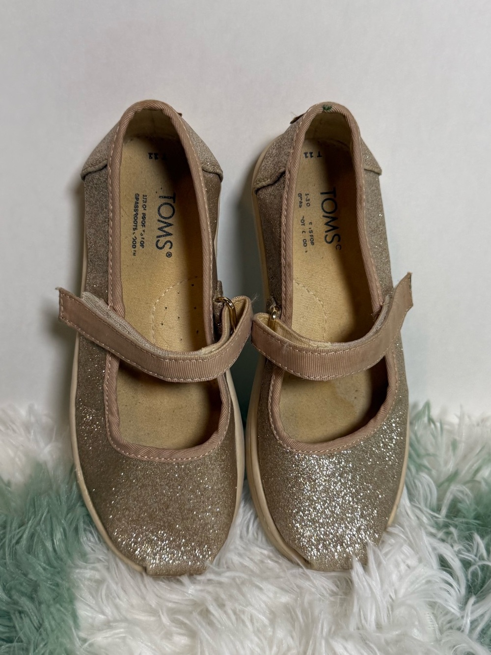 TOMS Gold Glitter Mary Jane Flats Girls Size 11 Sparkle Dress Shoes